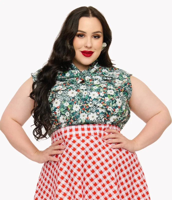 Women's Chic Outfit Retrolicious Plus Size 1950s Winter Floral Cotton Bow Top