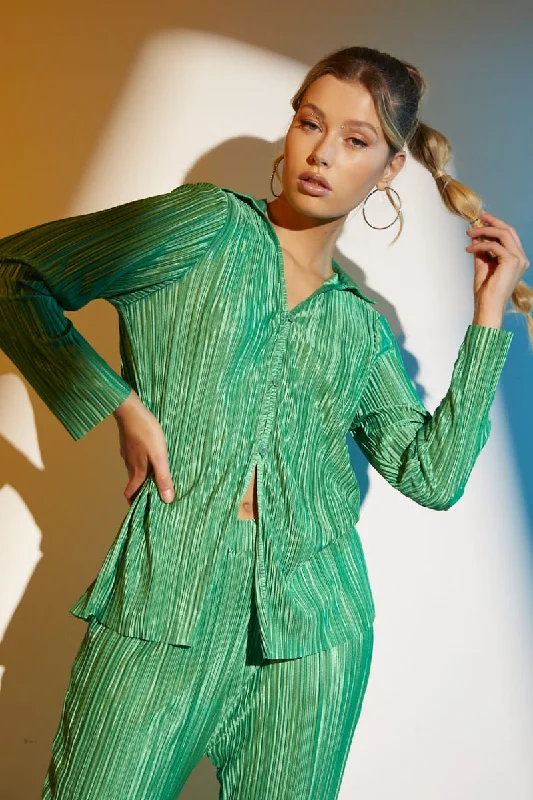 VIP Member Discount Green Plisse Long Sleeve Shirt