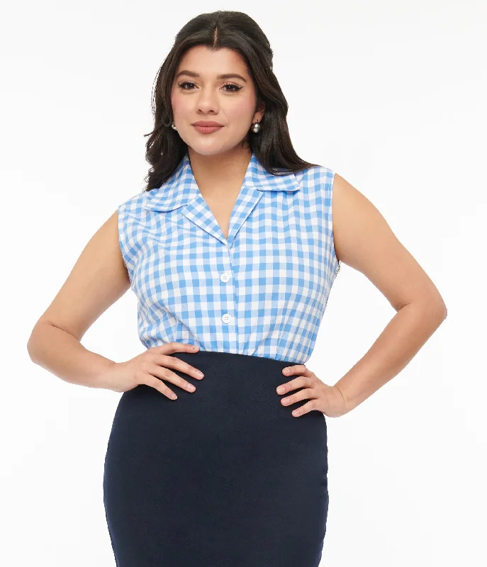 Women's Holiday Attire Barbie x Unique Vintage 1950s Blue & White Gingham Commuter Set Collar Blouse