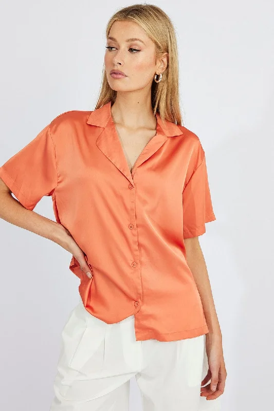 Colorful Clothing Brown Satin Shirt Short Sleeve