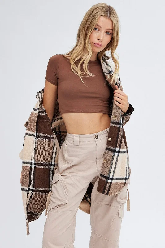 Athleisure Wear Brown Check Shirt Collar Long Sleeve Check
