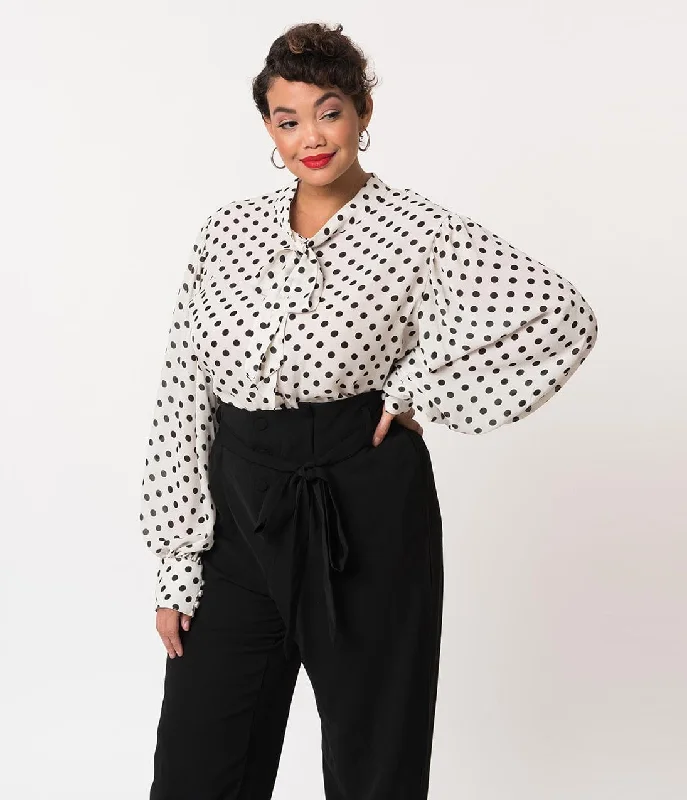 Stylish Women's Apparel Unique Vintage Plus Size White & Black Polka Dot Neck Tie Gwen Blouse