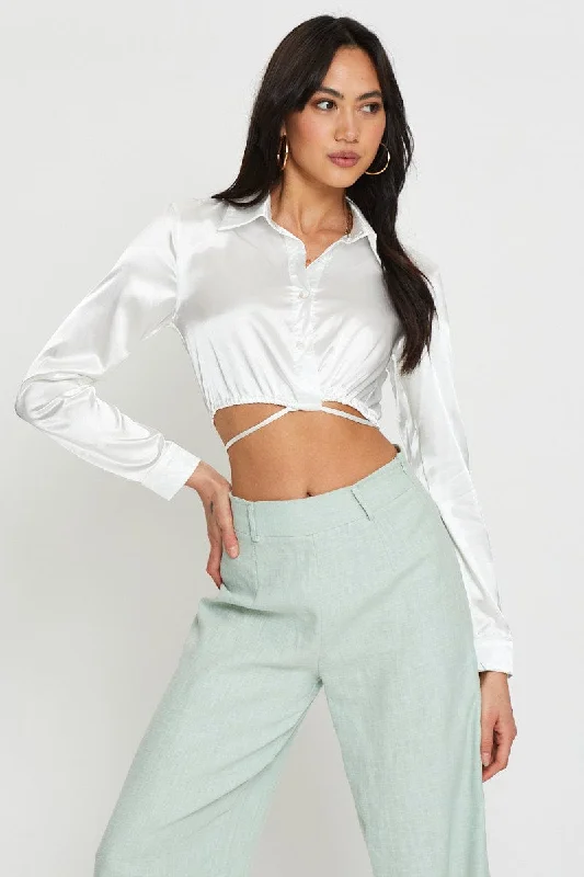 Bold Prints Casual Chic White Wrap Blouse Long Sleeve Collared Satin