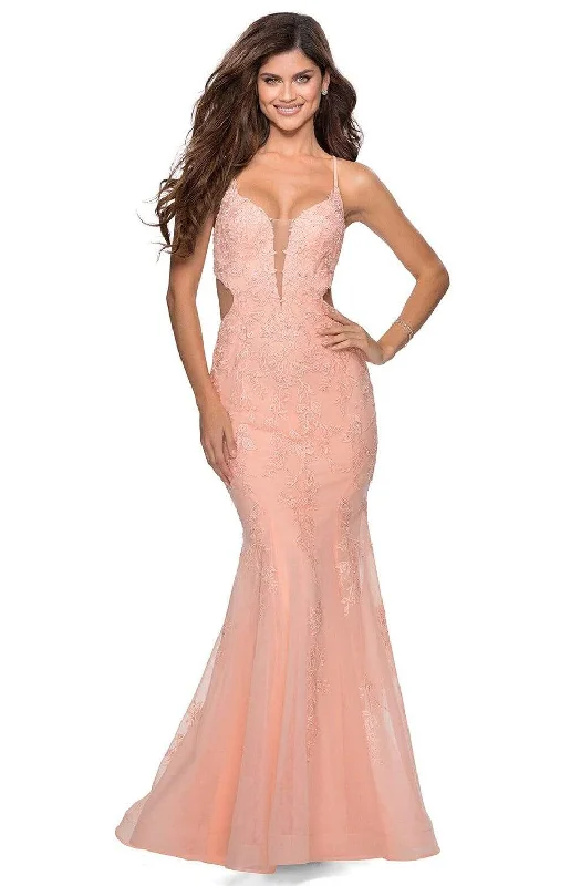 Don't Miss Out – Your Favorite Fashion Pieces On Sale La Femme - 28768 Embroidered Deep V-neck Trumpet Dress