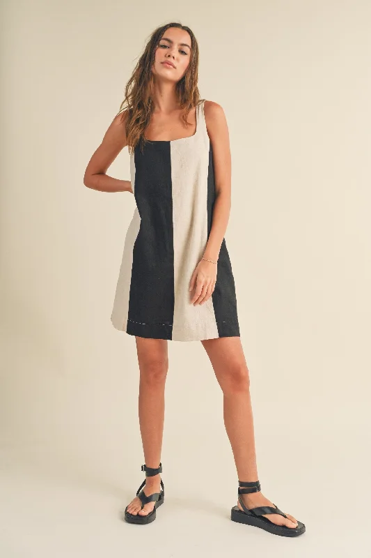 Women's Casual and Dressy Outfits Black Color Block Linen Sleeveless Dress
