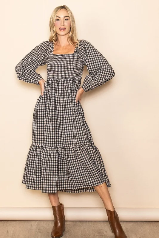 Big Sale Event Black Gingham Long Sleeve Midi Dress