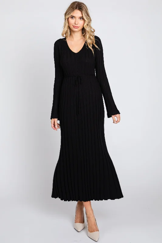 Versatile Women's Fashion Black Ribbed Knit Maxi Dress