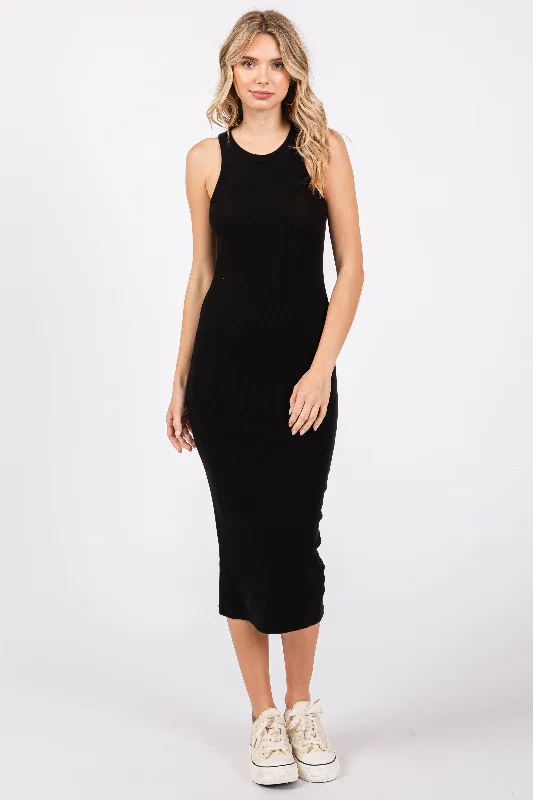 Workwear Fashion for Women Black Sleeveless Ribbed Fitted Midi Dress