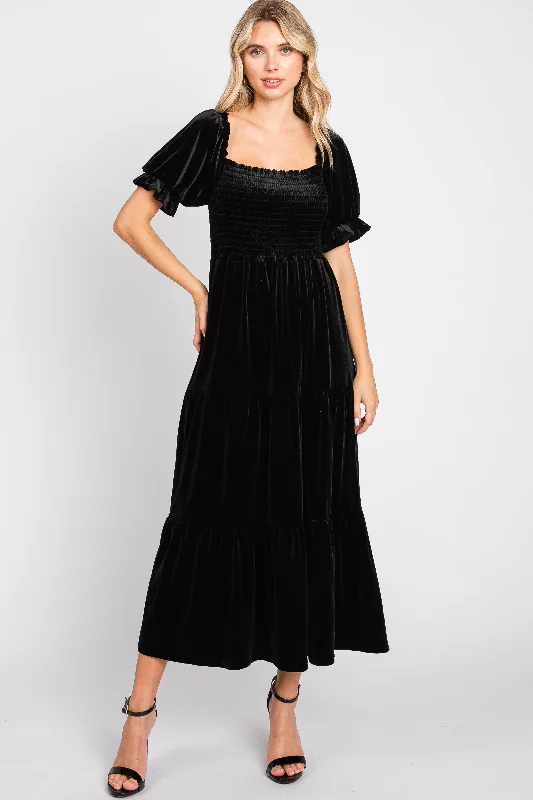 Elegant Clothing Black Velvet Tiered Midi Dress