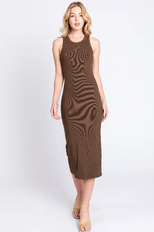 Casual Chic Brown Sleeveless Ribbed Fitted Midi Dress