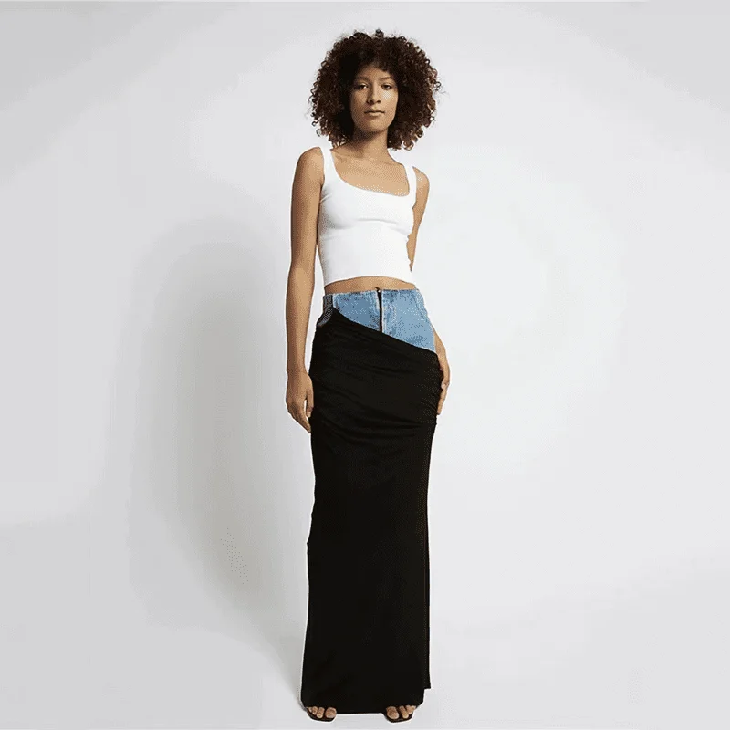Women's Work Outfit For The Office Denim Pleated Long Skirt