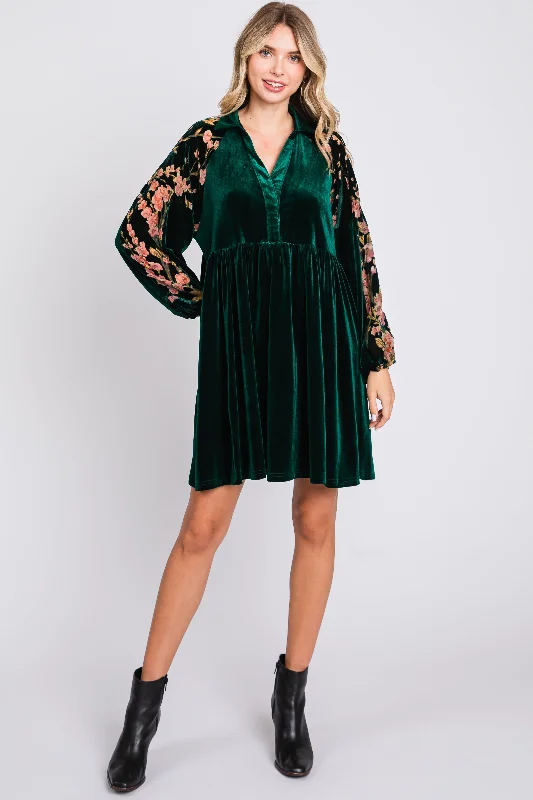 Plus Size Women's Fashion and Clothing Forest Green Velvet Floral Long Sleeve Dress
