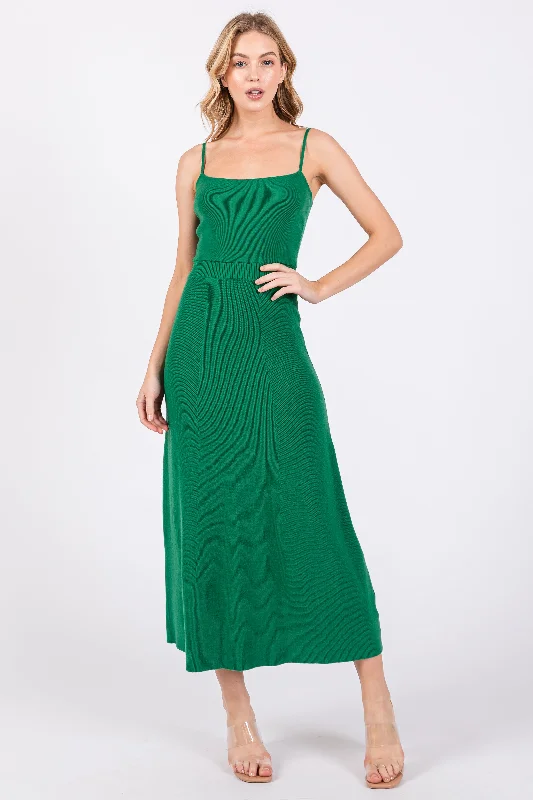 Women's Work Outfit For The Office Green Square Neck Sleeveless Sweater Midi Dress