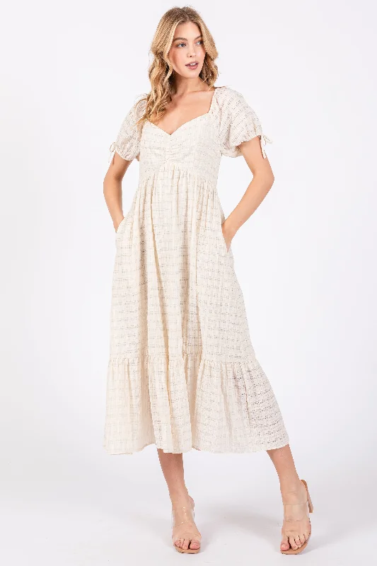 Women's Cozy Outfit For Lounging Ivory Textured Plaid Puff Short Sleeve Midi Dress