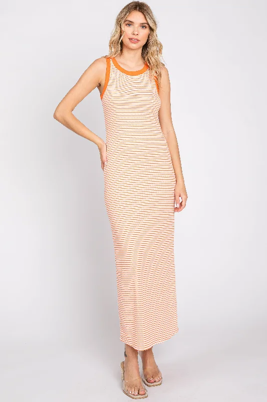 Women's Clothes Online Shopping Orange Striped Ribbed Sleeveless Maxi Dress