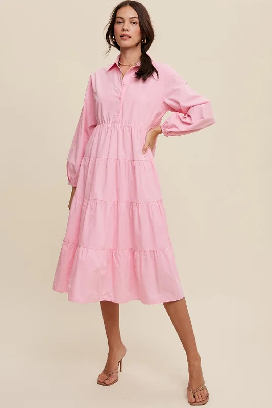 Fashion Sale Pink Tiered Collared Midi Dress