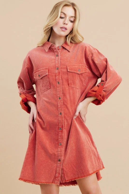 Minimalist Women's Fashion Clothing Rust Corduroy Button Front Fringe Hem Dress