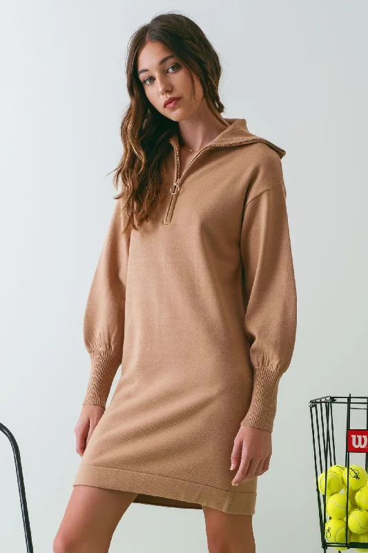 Women's Clothes And Garments Taupe Knit Half Zip Mini Dress