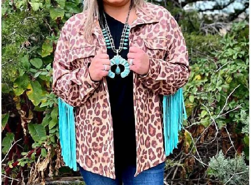 Women's Comfortable Garments Jacket With Turquoise Fringe In Leopard Print