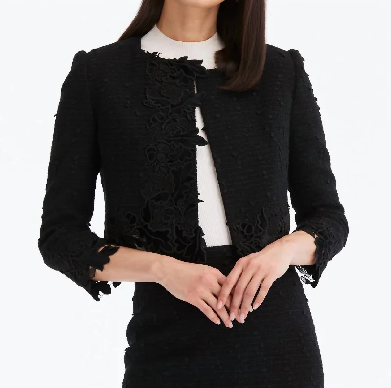 VIP Member Discount Long Sleeve Looped Ribbon Tweed Jacket In Black
